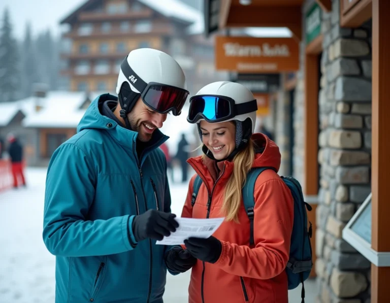 Couple achetant un forfait ski au guichet de la station de Villard-de-Lans en hiver