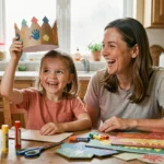 Mère et fillette qui créent ensemble une couronne en papier coloré à la table de la cuisine, activité créative parent-enfant