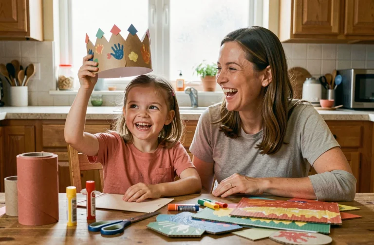 Mère et fillette qui créent ensemble une couronne en papier coloré à la table de la cuisine, activité créative parent-enfant