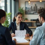 Agent immobilière IAD expliquant les frais d'agence à un couple lors d'une consultation dans une agence moderne