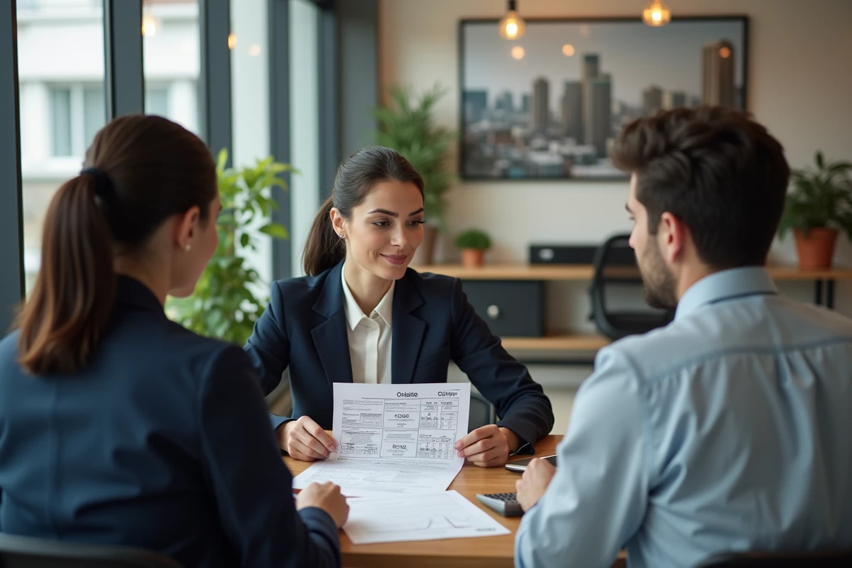 Agent immobilière IAD expliquant les frais d'agence à un couple lors d'une consultation dans une agence moderne