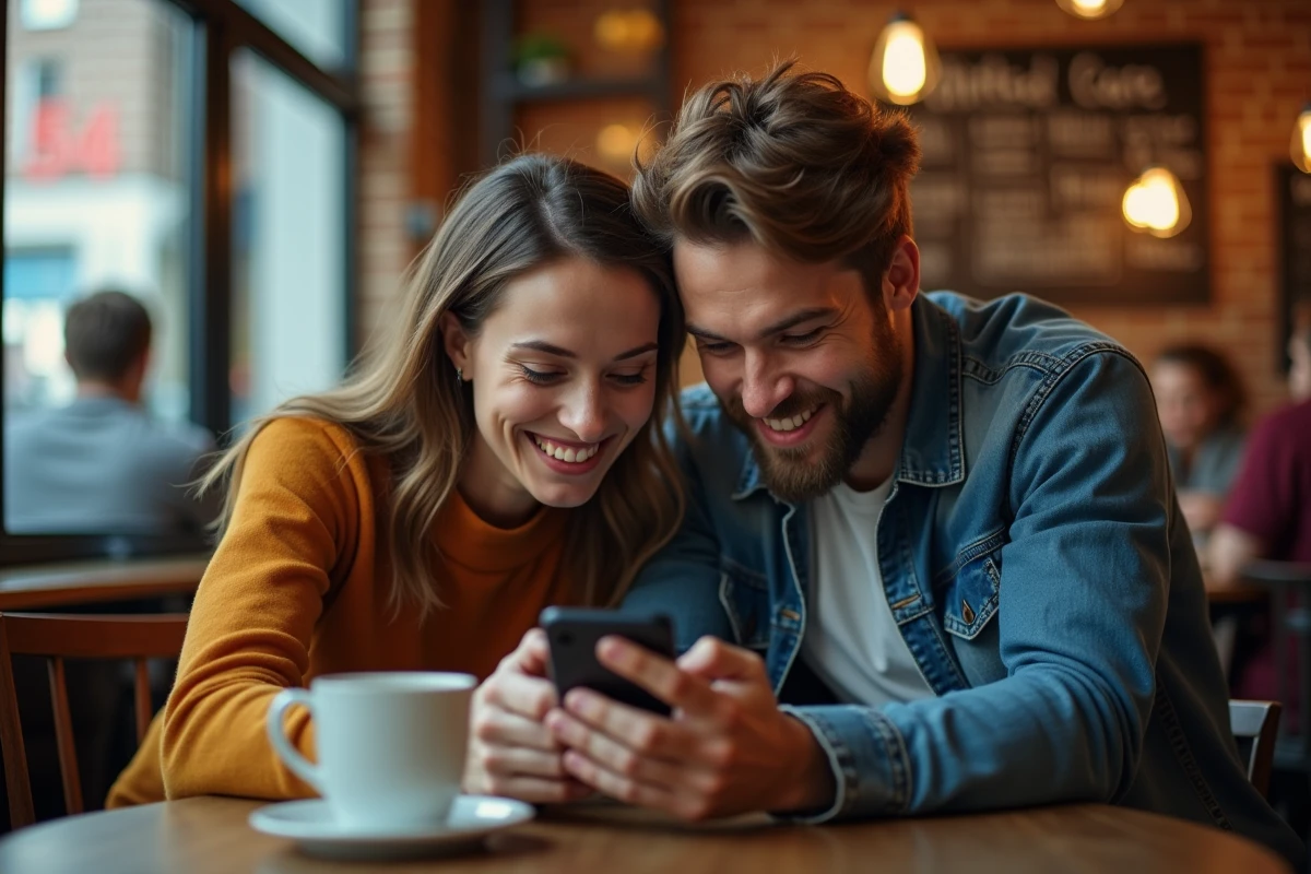 Deux amis concentrés qui collaborent sur un niveau difficile d'un jeu de puzzle sur smartphone dans un café