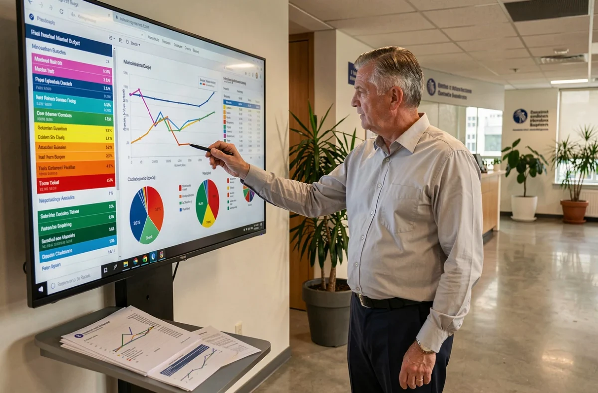 Élu territorial analysant les graphiques de budget municipal sur écran numérique dans une mairie moderne