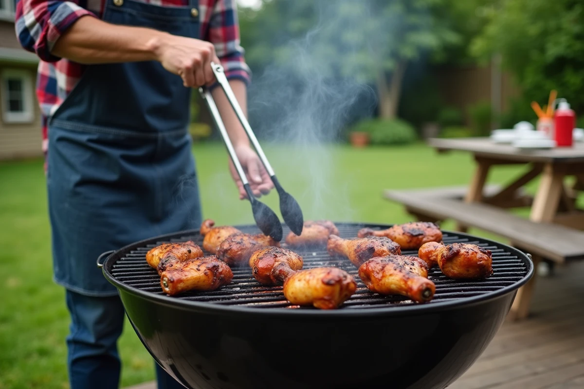 Homme faisant griller du poulet lors d'un barbecue américain traditionnel, symbolisant la consommation élevée de volaille aux États-Unis
