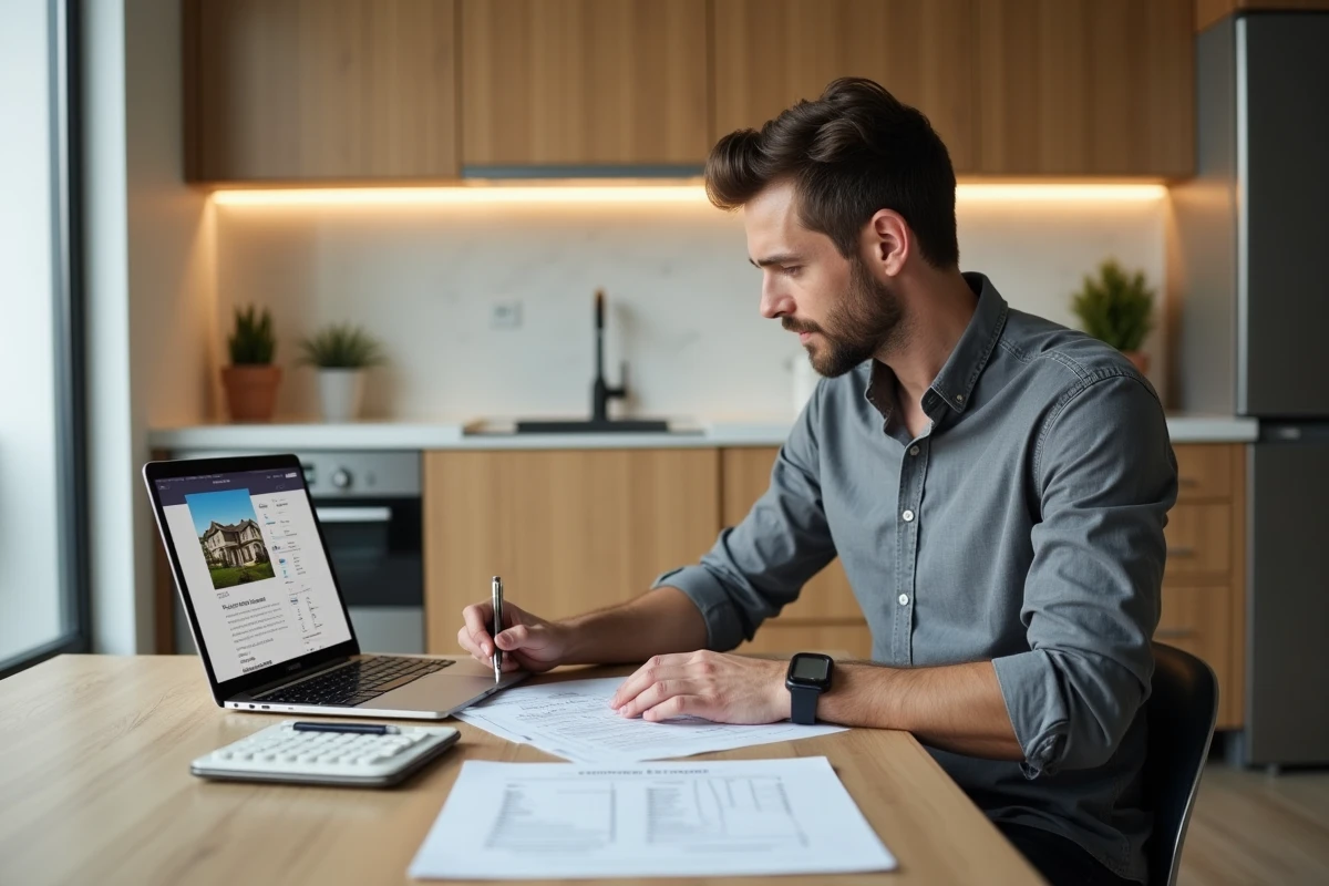Homme étudiant les frais d'agence IAD et les documents de commission immobilière depuis son domicile