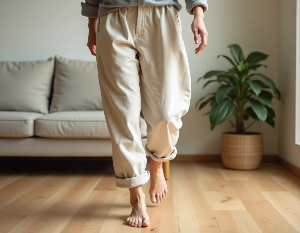 Femme marchant pieds nus sur un parquet, illustrant l'erreur de porter des chaussures plates et souples au quotidien