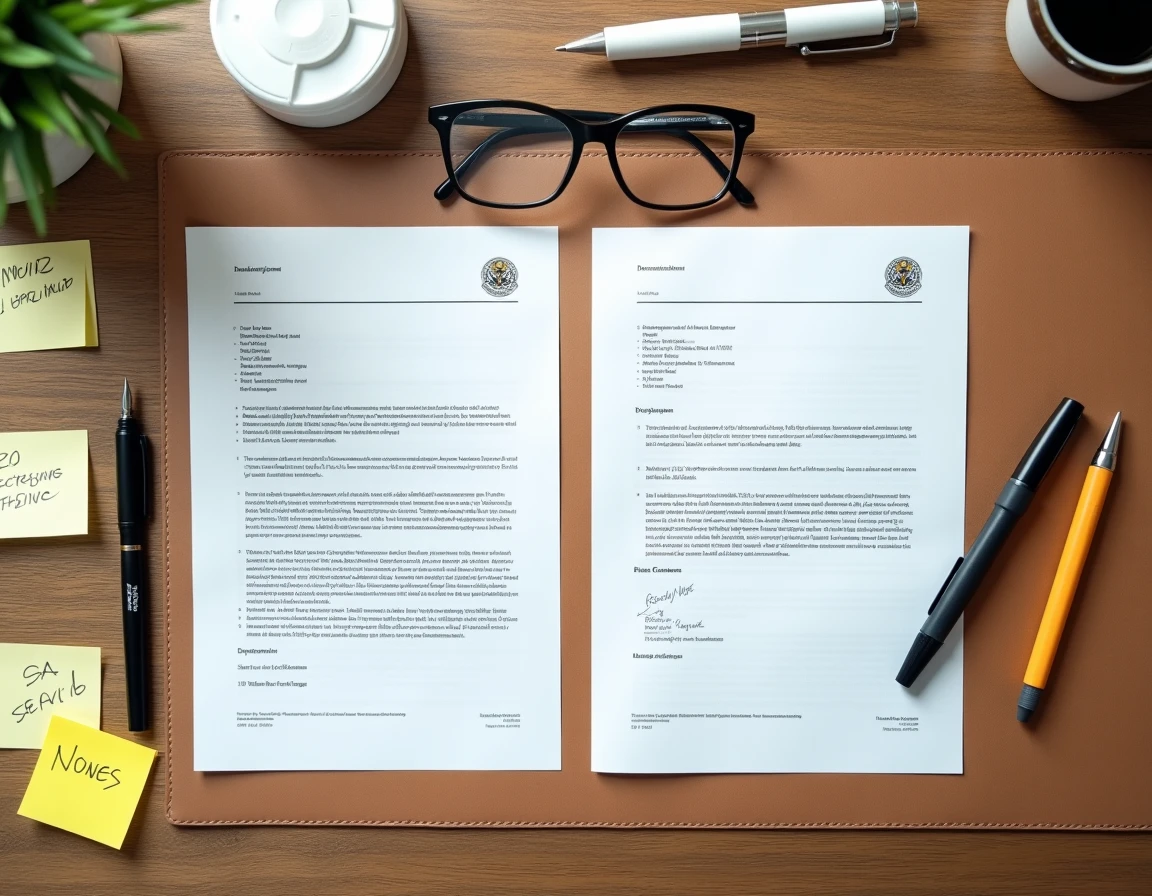 Vue aérienne de deux documents administratifs comparés, circulaire et note de service, sur un bureau en bois