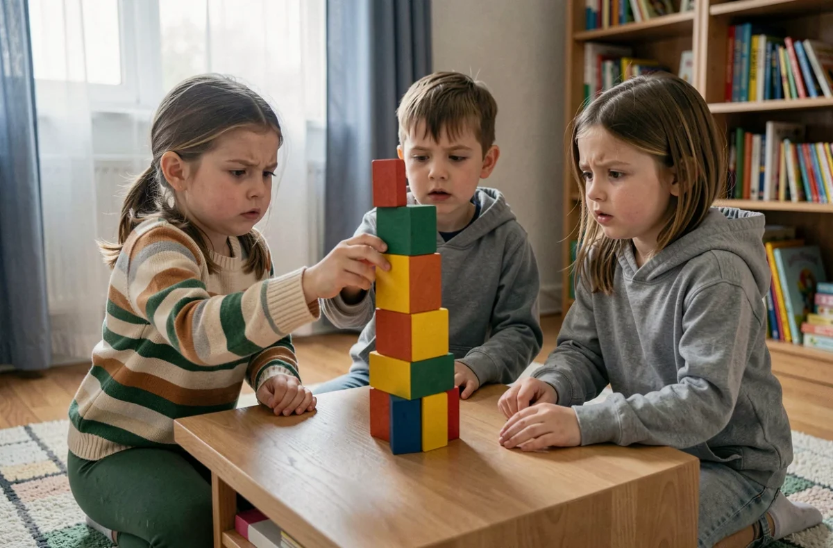 Trois enfants qui construisent une tour en blocs de bois colorés dans un salon chaleureux, jeu créatif et collaboratif