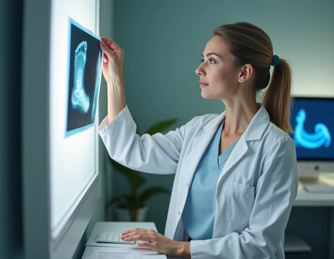 Médecin examinant une radiographie du pied, représentant l'idée reçue que l'épine osseuse est la cause directe de la douleur