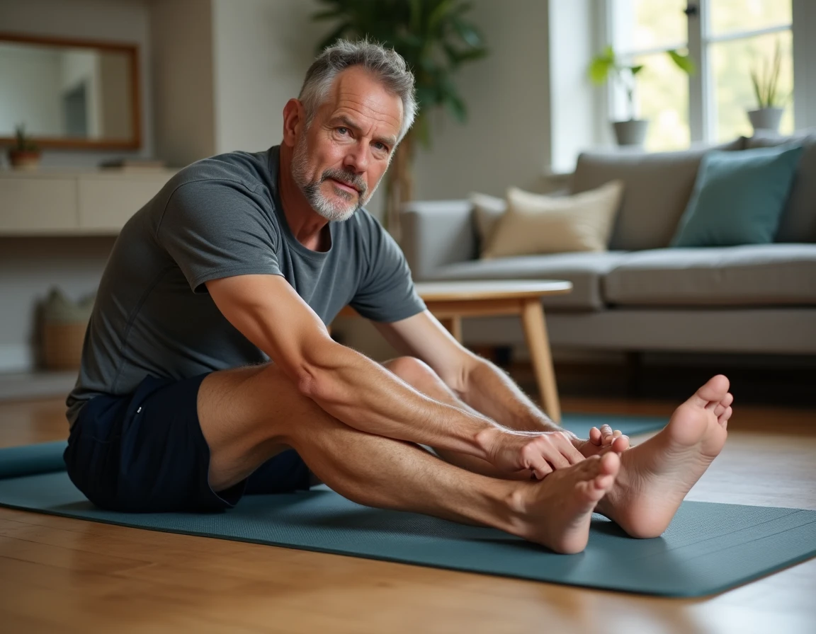 Homme effectuant un étirement du mollet et du fascia plantaire au sol, illustrant l'importance négligée des étirements