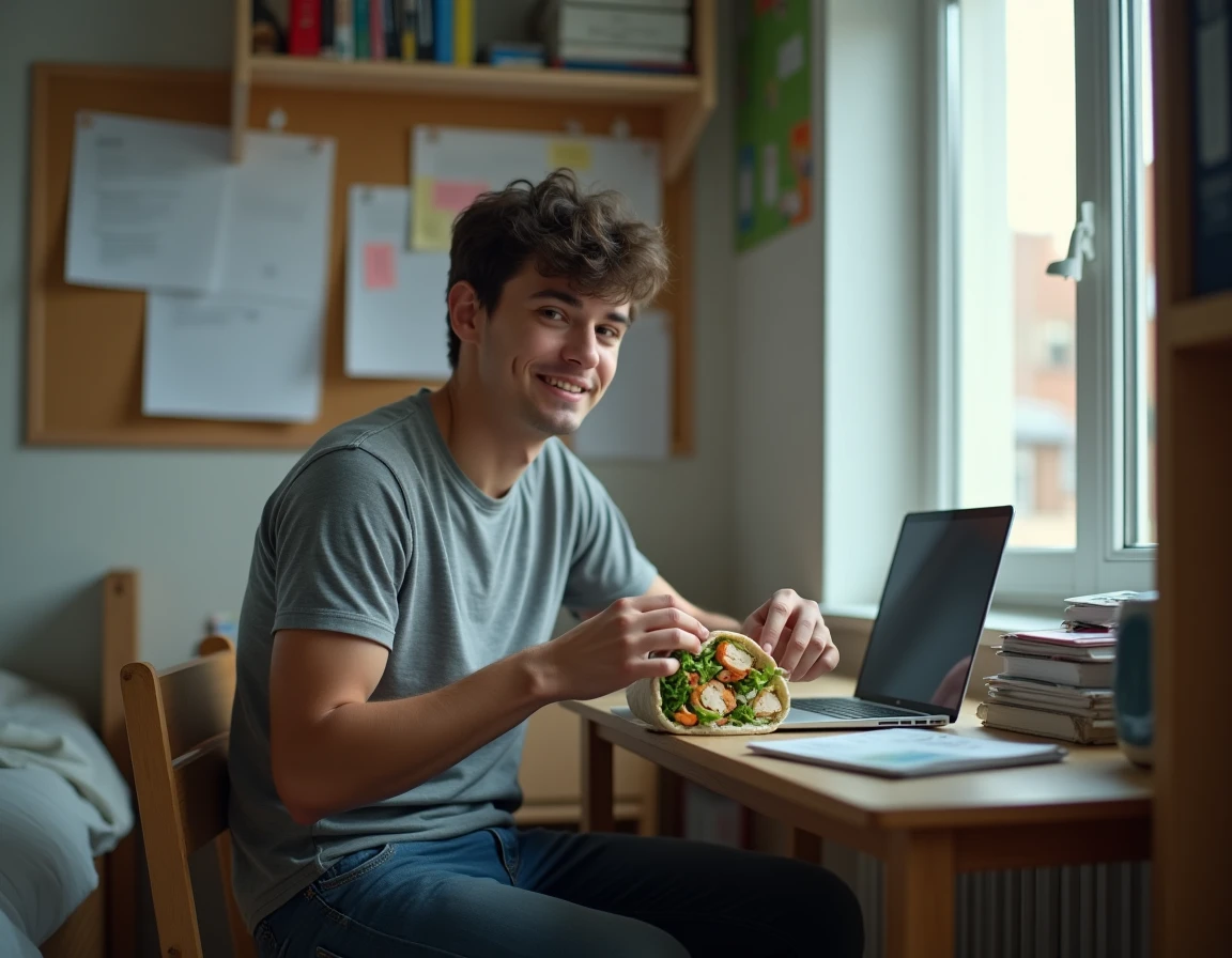 Étudiant mangeant un wrap maison à son bureau de chambre universitaire entouré de cours