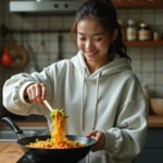 Étudiante préparant un sauté de légumes et nouilles dans une petite cuisine d'appartement étudiant