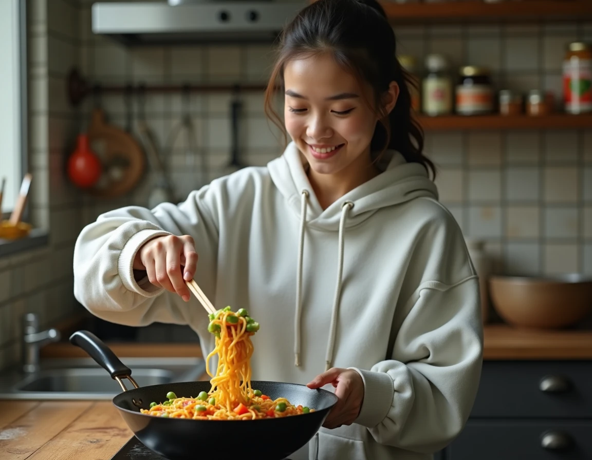 Étudiante préparant un sauté de légumes et nouilles dans une petite cuisine d'appartement étudiant