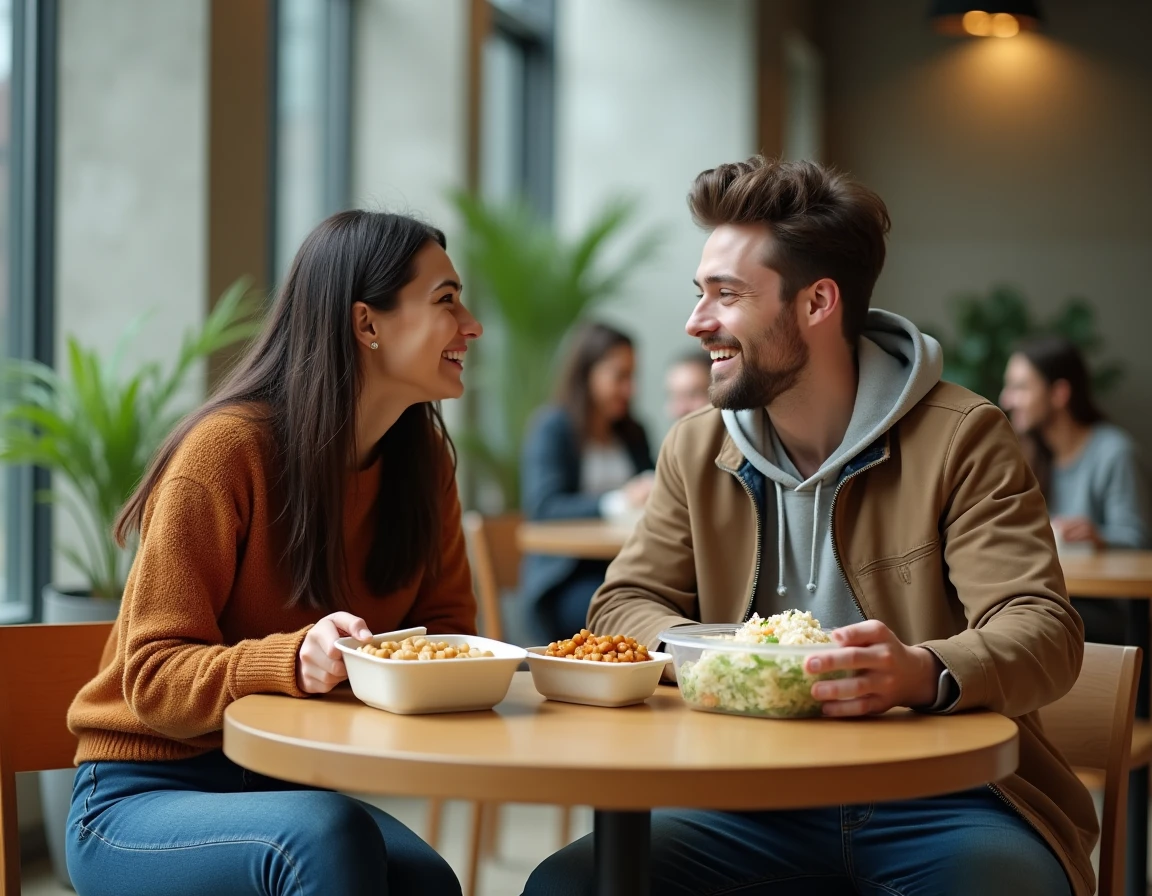 Deux étudiants partageant des repas préparés à l'avance dans un espace commun universitaire