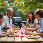 Famille américaine réunie autour d'un barbecue lors des célébrations du 4 juillet avec décorations patriotiques