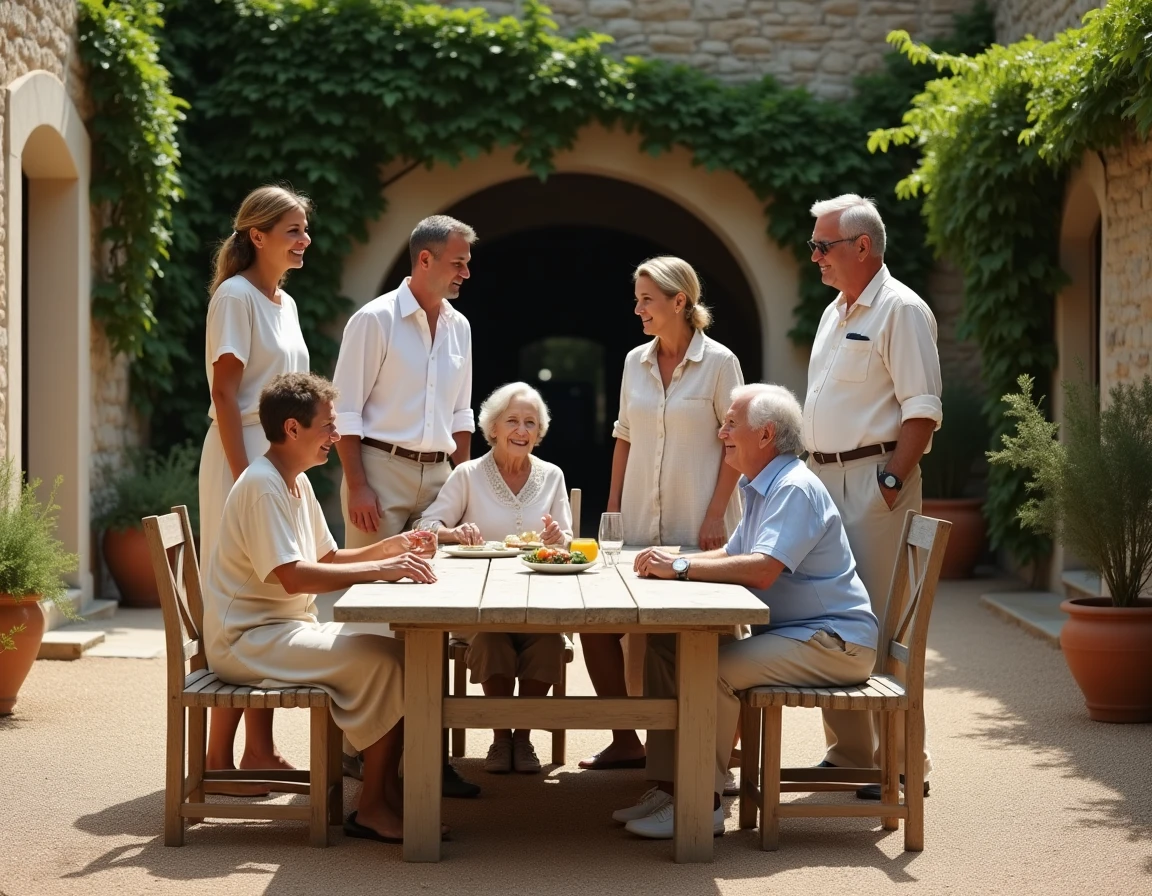 Rassemblement de famille multigénérationnel dans une cour provençale évoquant les racines et l'héritage familial