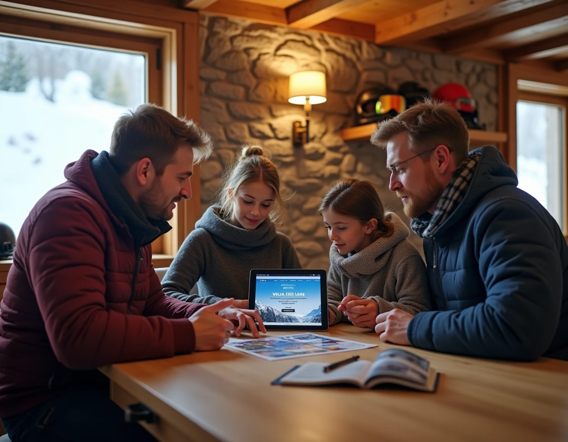 Famille planifiant l'achat de forfaits ski dans un chalet alpin à Villard-de-Lans