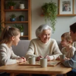 Grand-mère entourée de sa famille jouant à un jeu de société dans un salon chaleureux, illustrant le bien-être des seniors grâce aux liens familiaux