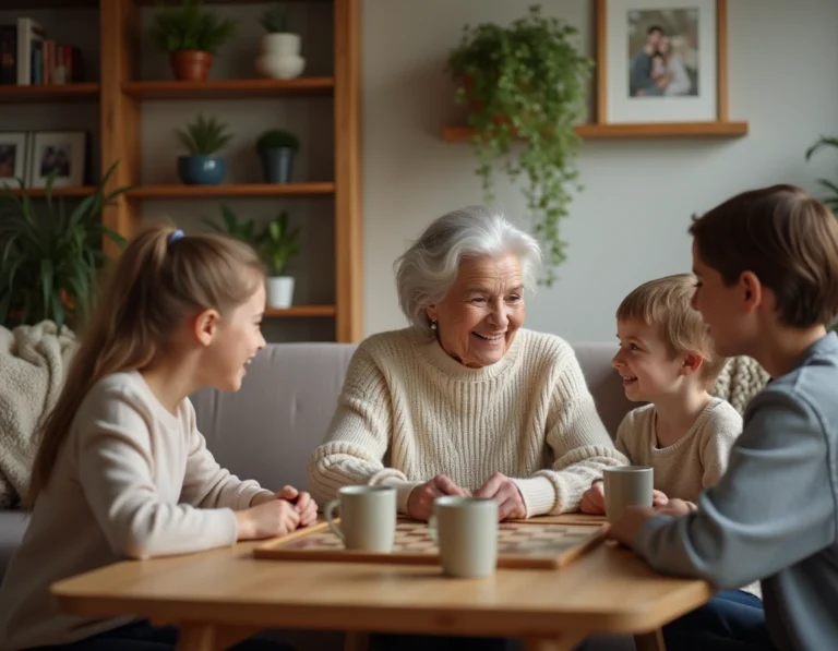 Grand-mère entourée de sa famille jouant à un jeu de société dans un salon chaleureux, illustrant le bien-être des seniors grâce aux liens familiaux