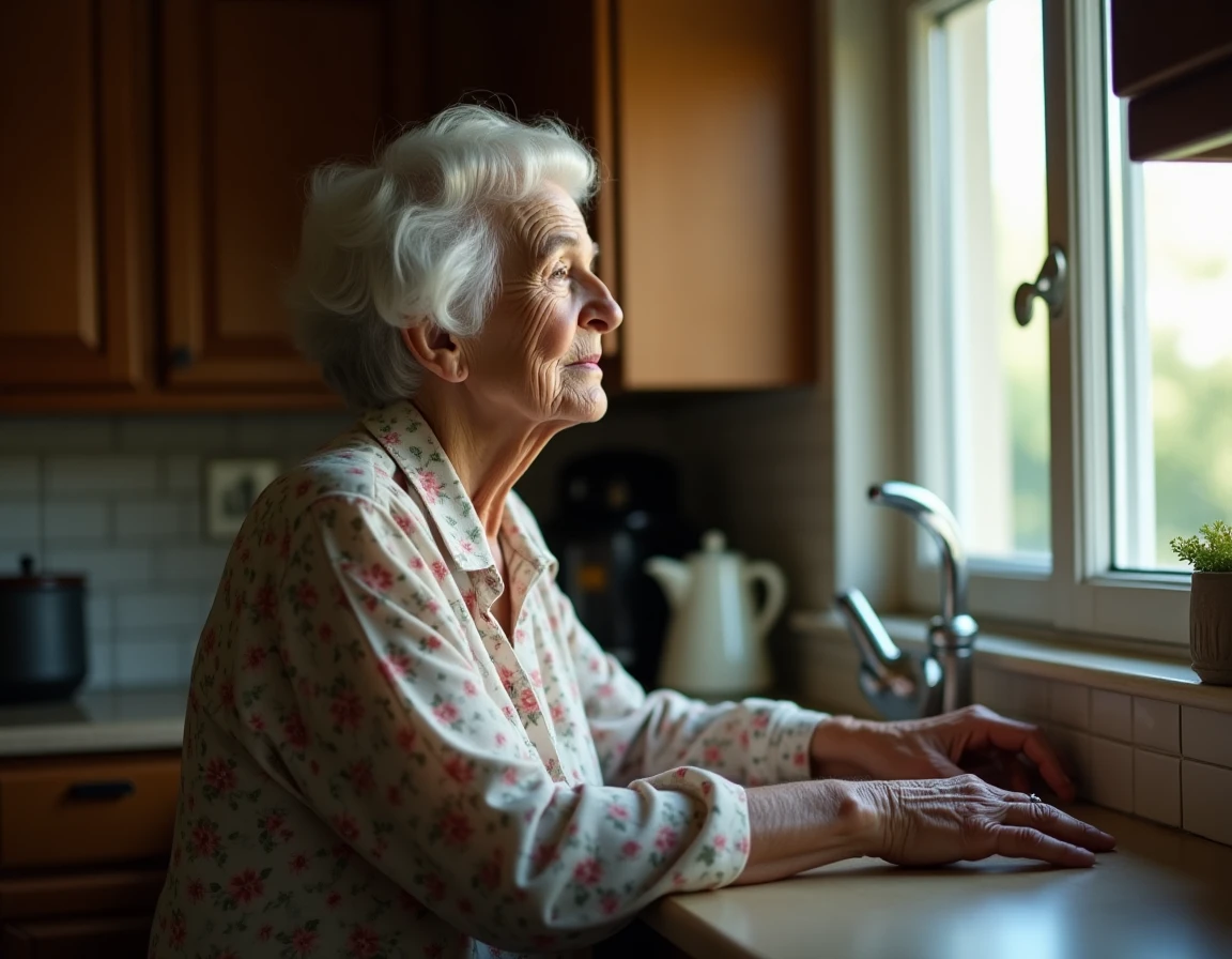 Femme âgée debout dans une cuisine regardant par la fenêtre avec une expression nostalgique, évoquant les appels à la mère liés à la maladie d'Alzheimer