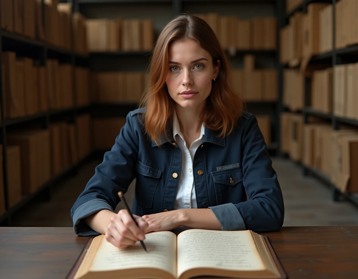 Femme consultant un registre paroissial ancien dans des archives régionales pour retracer ses origines familiales