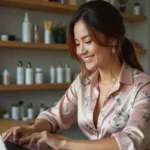 Femme élégante utilisant son ordinateur pour choisir des produits de beauté