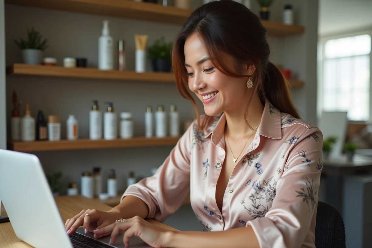 Femme élégante utilisant son ordinateur pour choisir des produits de beauté