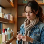 Femme examinant des flacons de parfum en boutique cosy