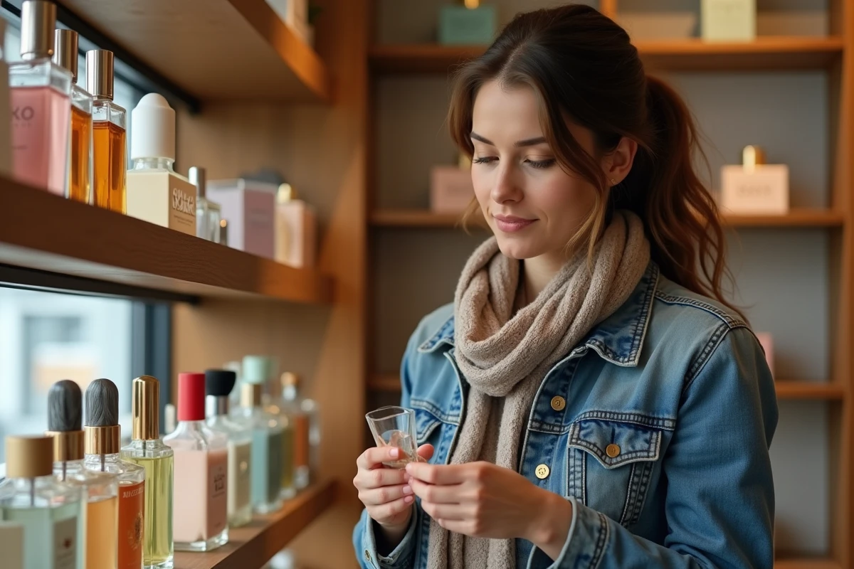Femme examinant des flacons de parfum en boutique cosy