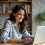 Femme souriante en bureau à utiliser un ordinateur