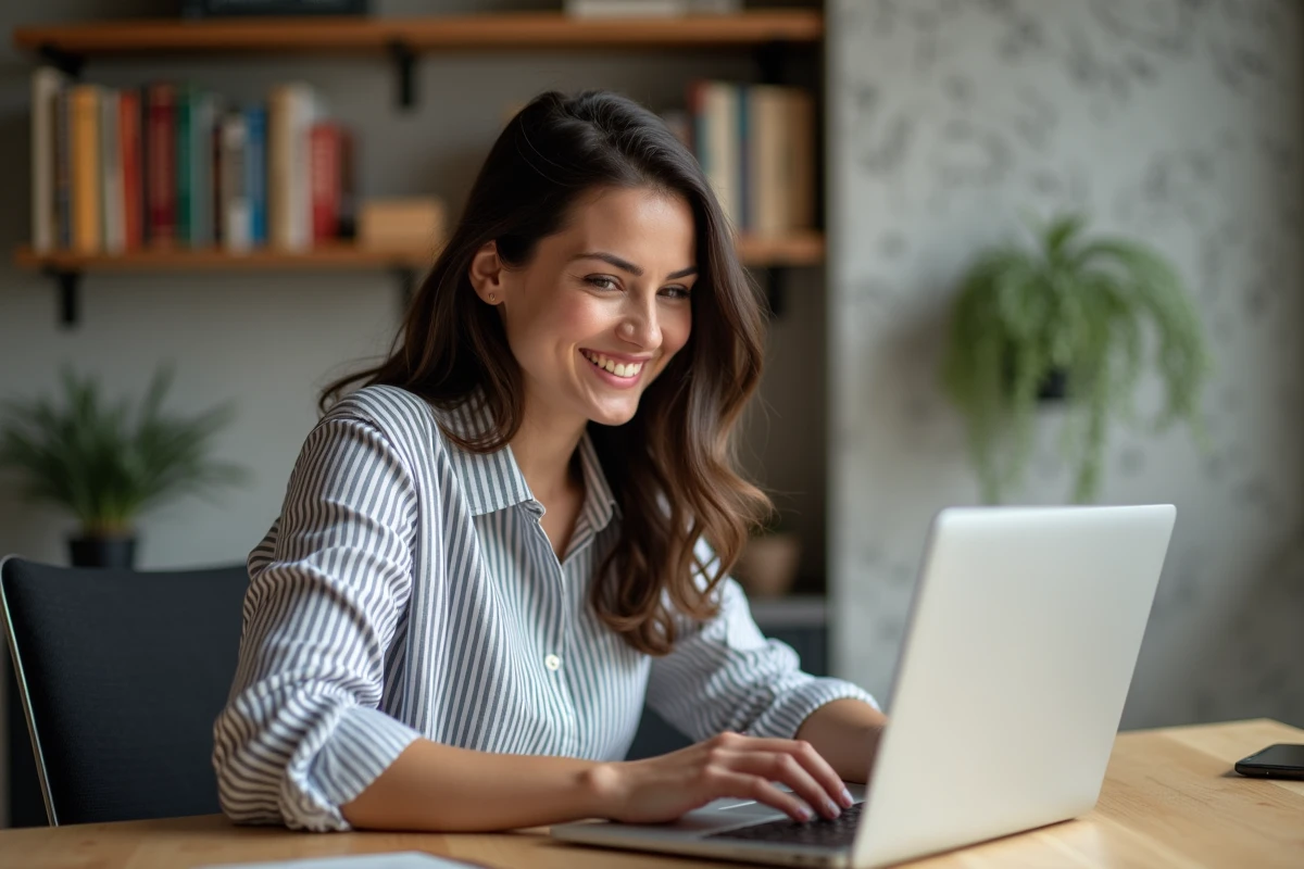 Femme souriante en bureau à utiliser un ordinateur