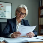 Femme cadre en bureau analysant une circulaire administrative imprimée avec tampon officiel
