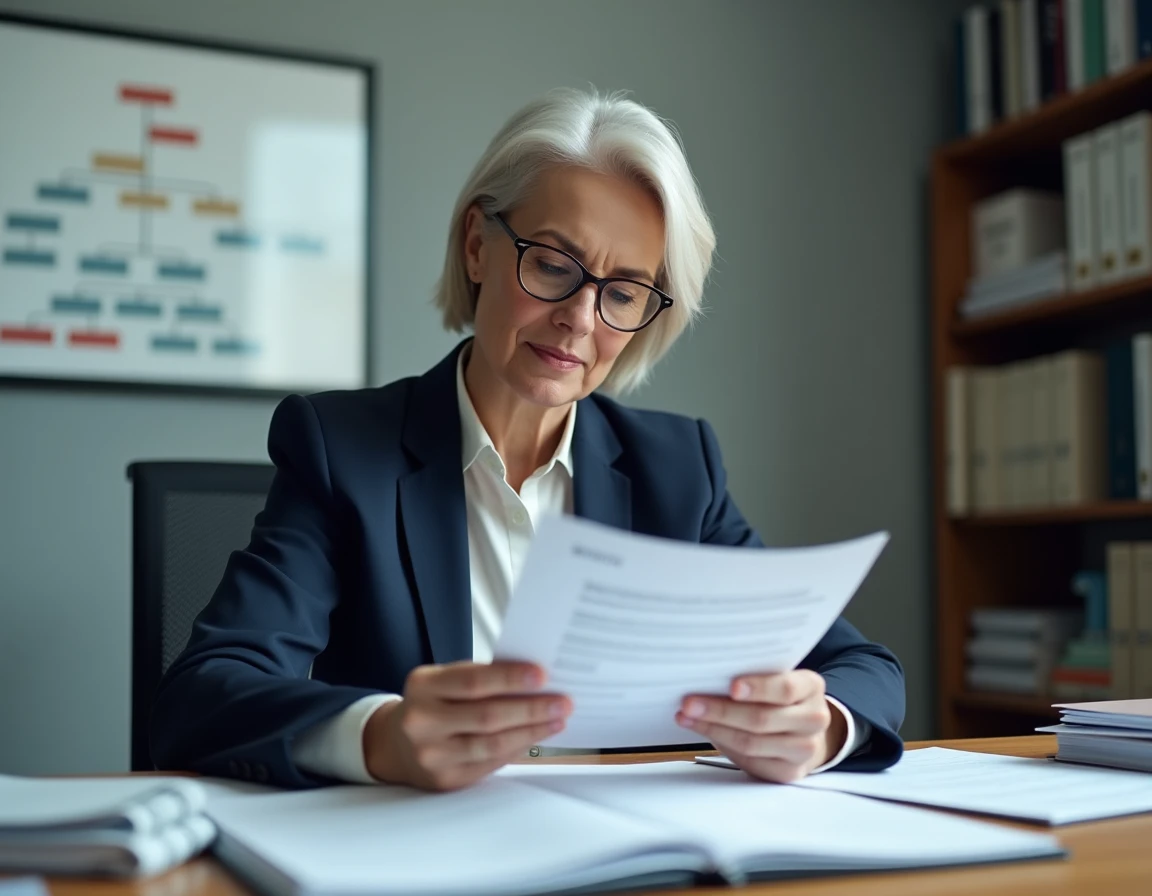 Femme cadre en bureau analysant une circulaire administrative imprimée avec tampon officiel