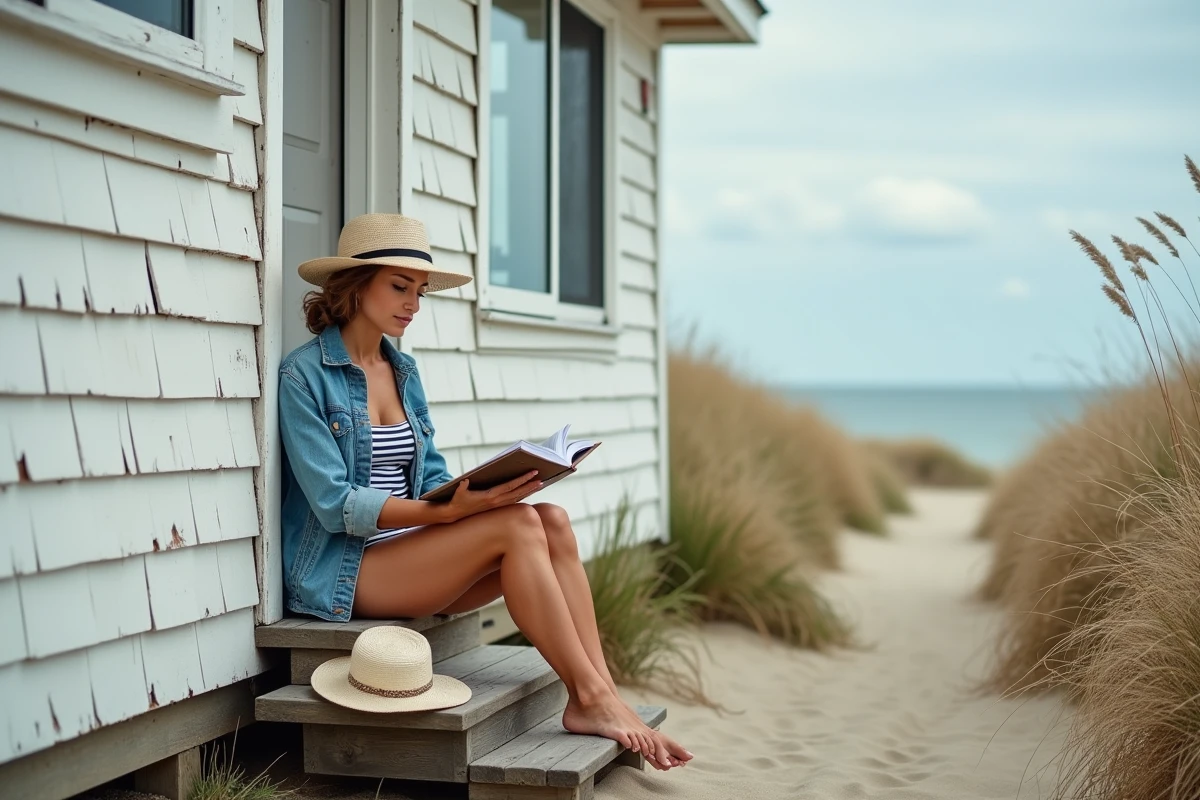 Femme lisant sur les marches d'un cottage de plage en Nouvelle-Angleterre pendant les vacances d'été américaines