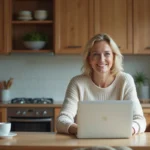 Femme souriante utilisant un ordinateur dans une cuisine chaleureuse