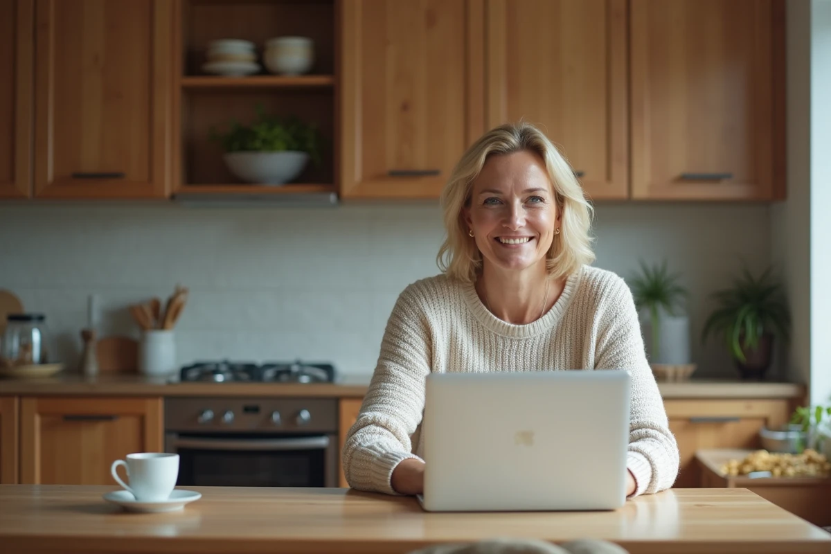 Femme souriante utilisant un ordinateur dans une cuisine chaleureuse