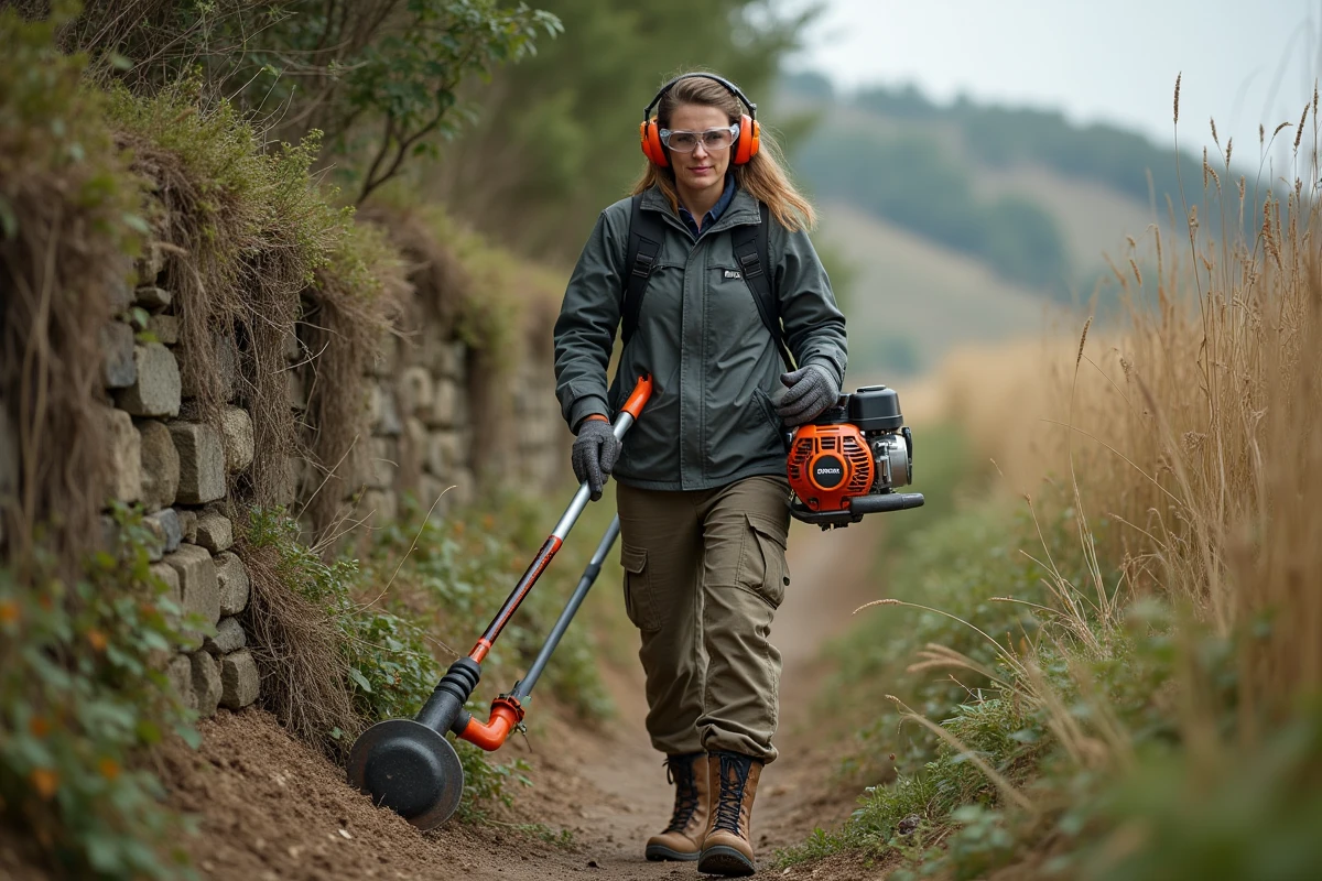 Femme équipée utilisant une débroussailleuse thermique avec lame circulaire pour couper des broussailles sur un talus rural envahi de ronces