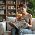 Femme détendue buvant une tisane dans un salon moderne