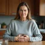 Femme tenant son abdomen supérieur avec une expression de douleur, illustrant les symptômes de douleur à l'estomac ou au pancréas