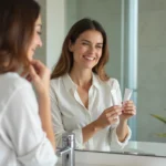 Femme dans sa salle de bain regardant deux tubes de dentifrice