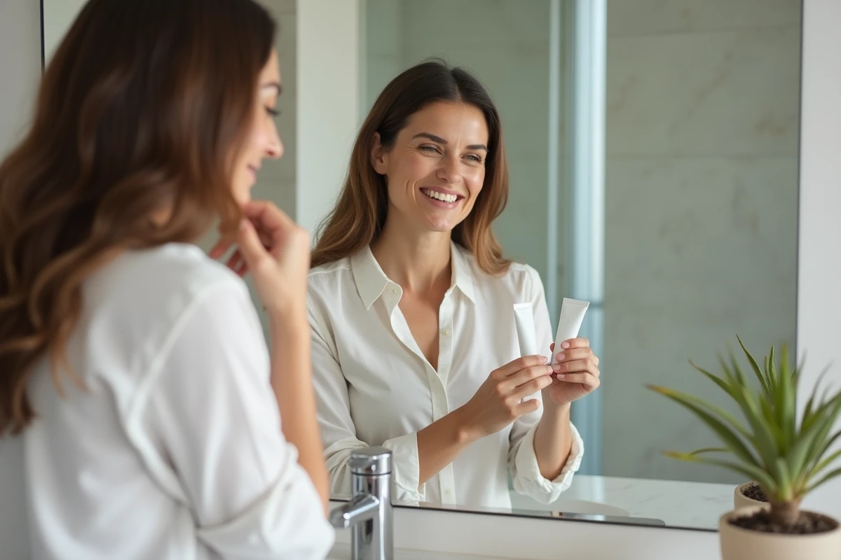Femme dans sa salle de bain regardant deux tubes de dentifrice