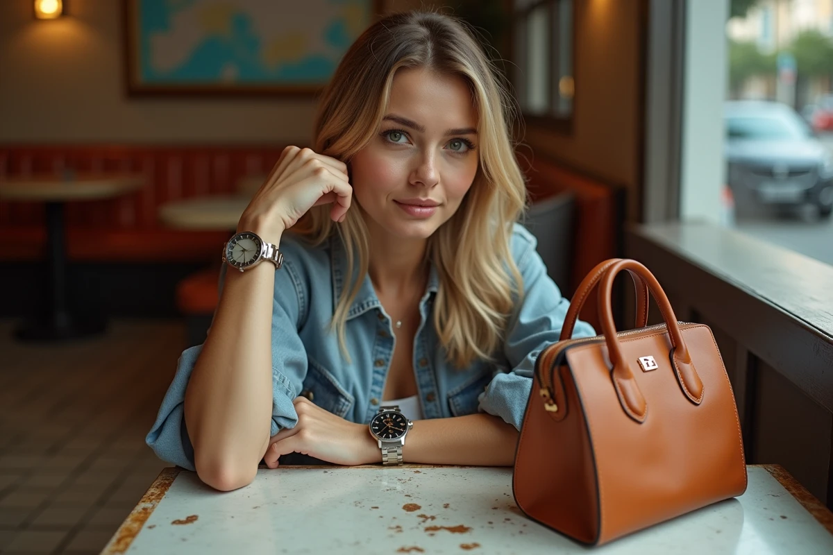 Femme avec une fausse montre de luxe et un sac contrefait dans un café ordinaire, signe révélateur des faux riches au quotidien