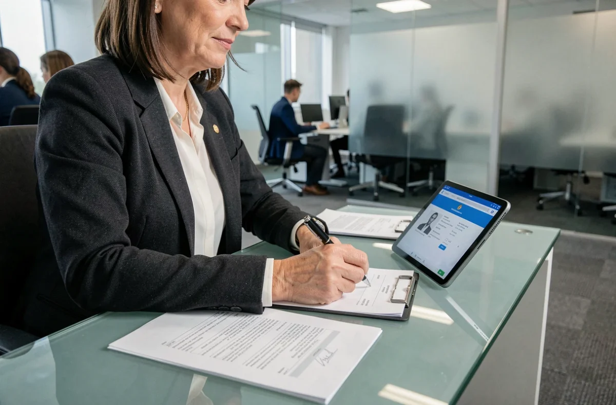 Femme professionnelle remplissant des formulaires administratifs pour lever une opposition sur un certificat d'immatriculation