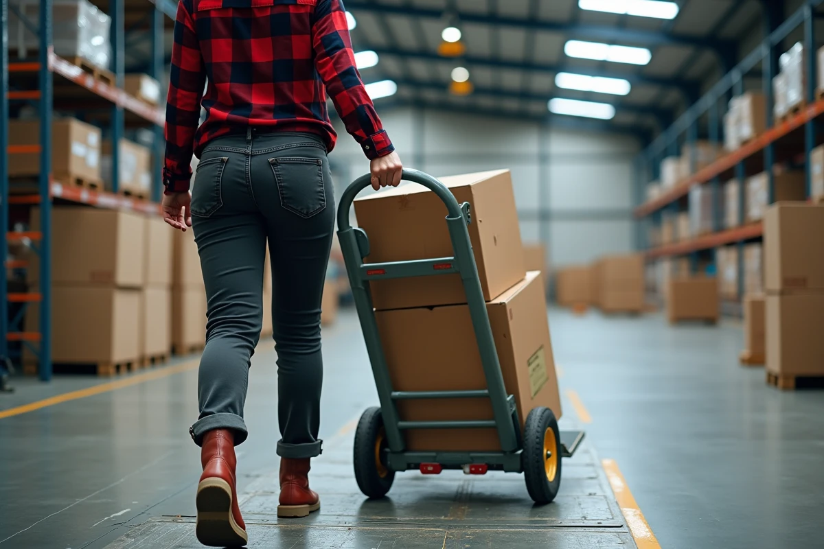 Jeune femme guidant un chariot dans un entrepôt industriel