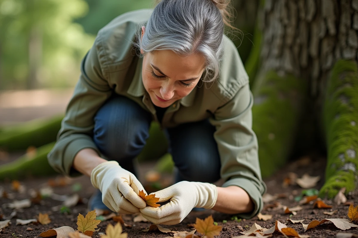 Femme en gants de jardinage examinant des galles sur une feuille de chêne tombée dans un jardin naturel