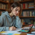 Jeune femme concentrée jouant à un jeu de puzzle sur smartphone avec des notes manuscrites sur son bureau