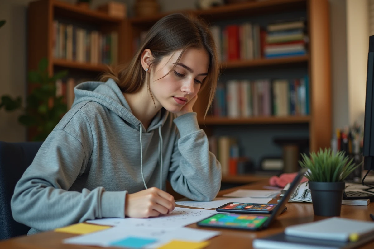 Jeune femme concentrée jouant à un jeu de puzzle sur smartphone avec des notes manuscrites sur son bureau