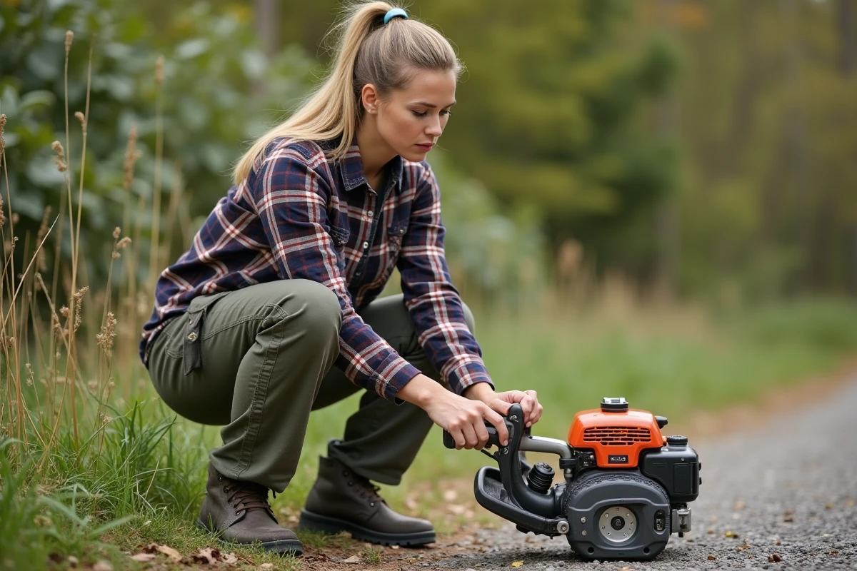 Femme attache une lame métallique à un coupe-baille