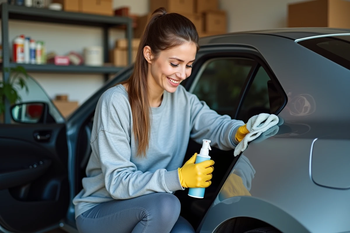 Jeune femme nettoyant le plastique de sa voiture