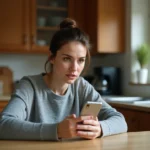 Femme consultant son smartphone avec une expression perplexe face à un numéro de téléphone inconnu